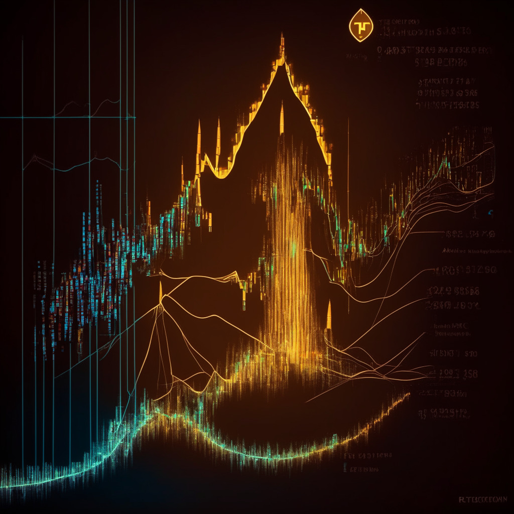 Ethereum dip on ascending support trendline, intricate trading scene, bright-lit chart-filled room, long-tail hammer candle, artistic Fibonacci spiral, rays of hope from bullish reversal, blend of security and risk, anticipating growth, intricate patterns on 200-day EMA, a moment of choice dominating the mood, no brand or logo.