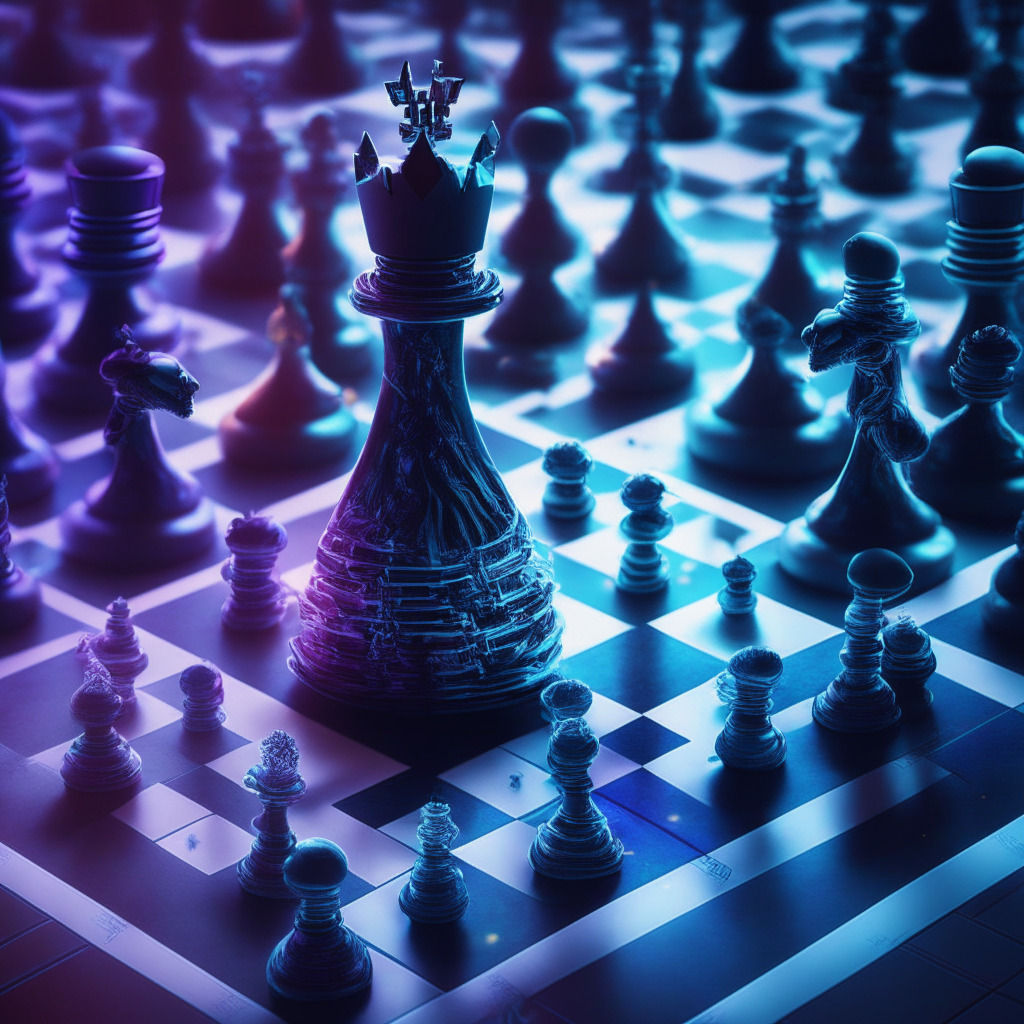 Ethereum's dominance, Hedera Hashgraph's rapid growth, Layer 1 blockchain battle, contrasting light and shadow, dynamic composition, intense mood, chess pieces symbolizing the competition, gears & data flow, Ethereum maintaining lead, HBAR emerging as a contender, vivid colors, sense of motion, subtle uncertainty in stablecoin markets, futuristic style.