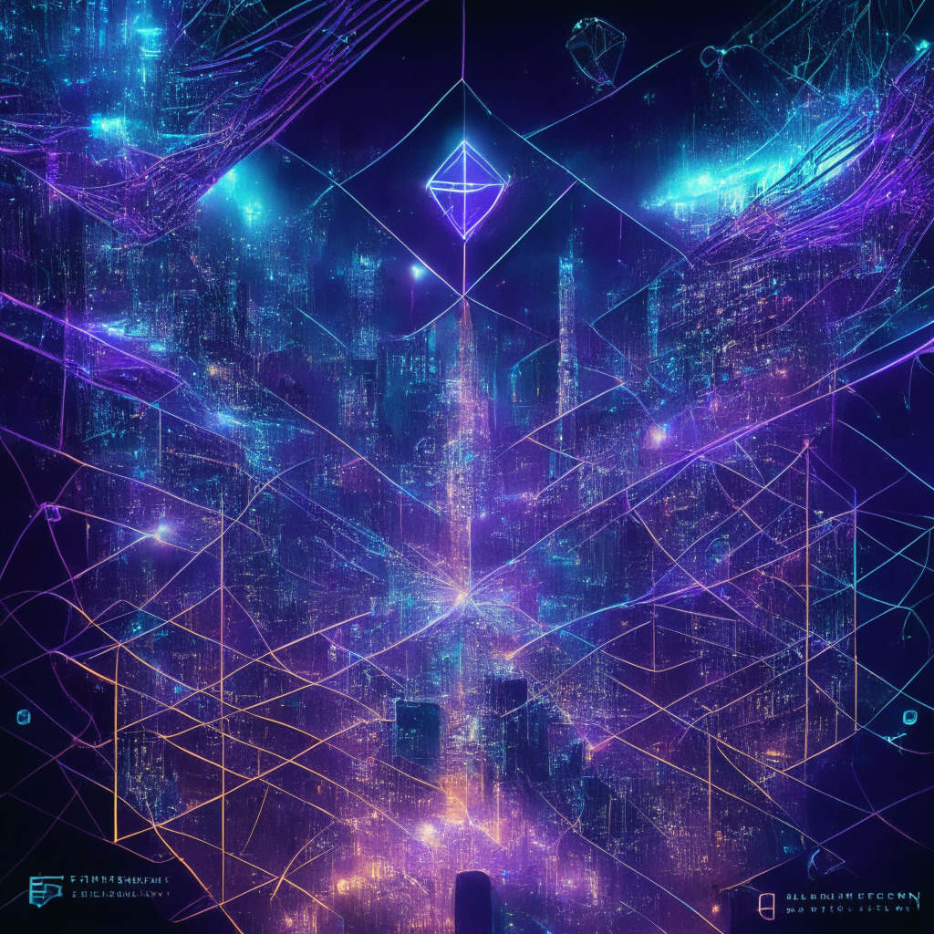 Ethereum-based EigenLayer launch, restaking revolution, intricate network of interconnected layers, security & flexibility, glowing nodes emitting soft light, technological validation services, empowered stakers, futuristic city with bridges and oracle networks, mood of innovation and anticipation, cyberpunk artistic style, a thriving ecosystem in harmony.