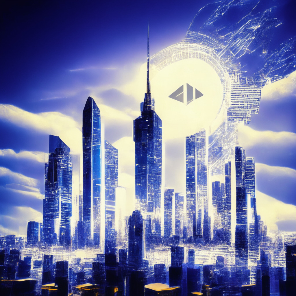 Futuristic city skyline with Ethereum logo glowing on a skyscraper, $11.8k written in clouds, busy streets, signs of prosperity, people interacting with smart contract holograms, soft warm sunlight, a touch of impressionism, confident and optimistic atmosphere, implying Ethereum's bright future in 2030 with $51B revenue projection.