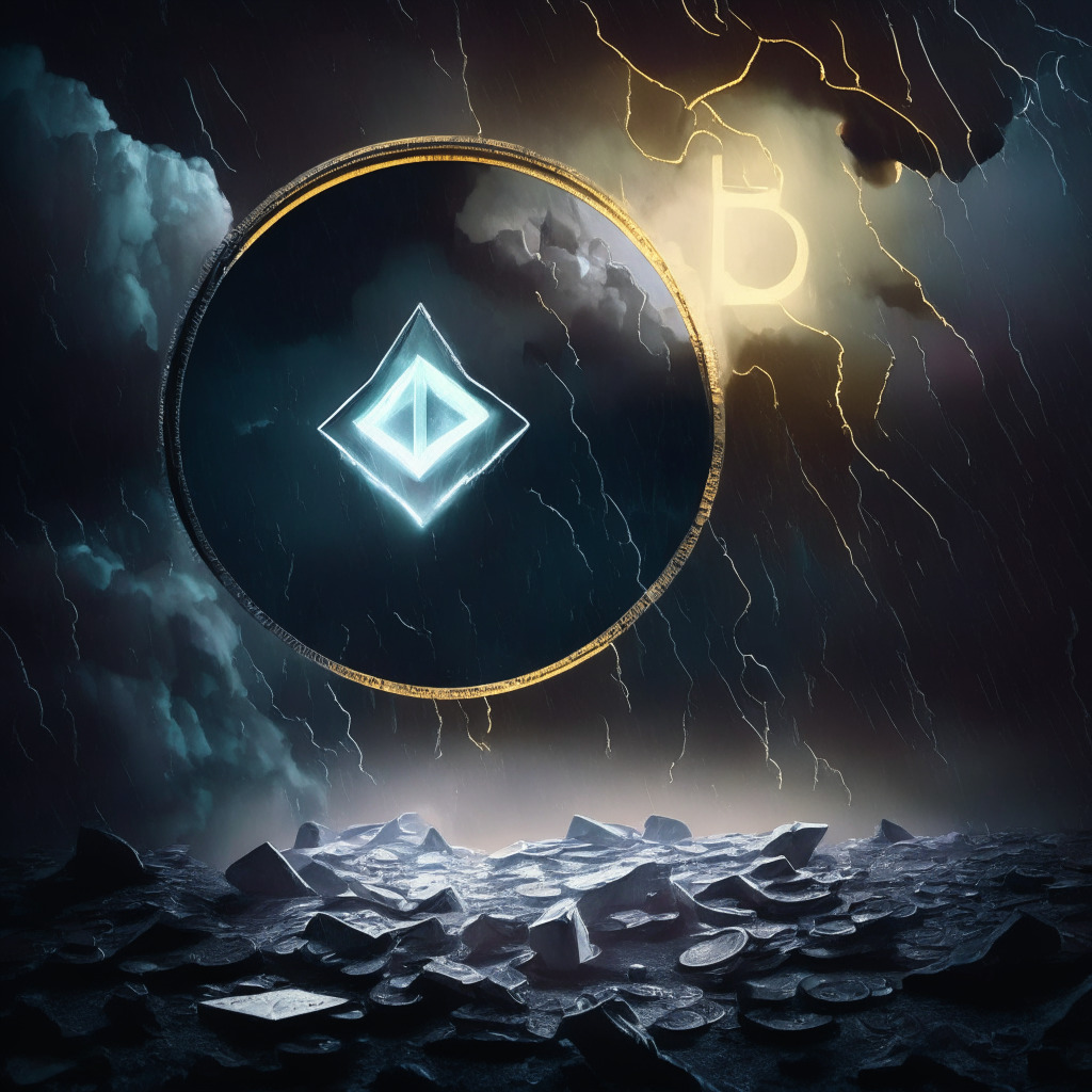 Ethereum's uncertain future in a stormy sky, a scale balancing pros and cons, Binance and Coinbase under a magnifying glass, glowing digital coins in a dimly lit space, hazy PoS blockchain, mood of caution and speculation, art-style inspired by chiaroscuro technique, focus on contrast between light and shadow.