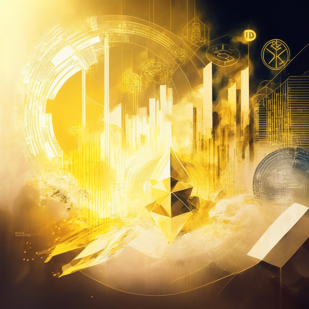 Futuristic financial landscape, hovering Ethereum coin, neutral tone, impressed doubt, diagonal light casting soft shadows, 49% fear-greed index indicator, rising support trendline, dynamic market scene, breakthrough at $1,915, golden hues for optimism, abstract Ethereal brush strokes, juxtaposition of uncertainty & potential, Bollinger Bands in back.