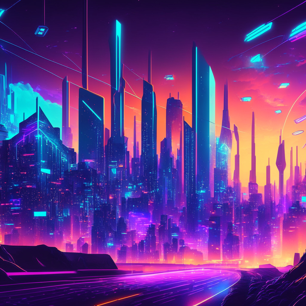 Futuristic Ethereum city, Ethscriptions NFTs displayed, glowing DeFi icons, vibrant colors, digital art style, dusk setting, neon city lights, optimistic mood, Ethereum coin hovering above city, ascending trendline as roads, diverse file types represented, RSI & MACD indicators as visual elements.