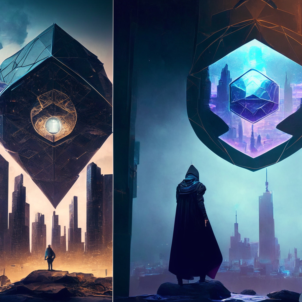 Ethereum's future depicted as a triptych, three interconnected spheres representing layer-2 scaling, wallet security, and privacy. Scaled cityscape on the left, fortified vault in the center, stealthy figures on the right. Warm, moody lighting, Cyberpunk aesthetic, and bold, gritty contrasts evoke the importance of these critical transitions.