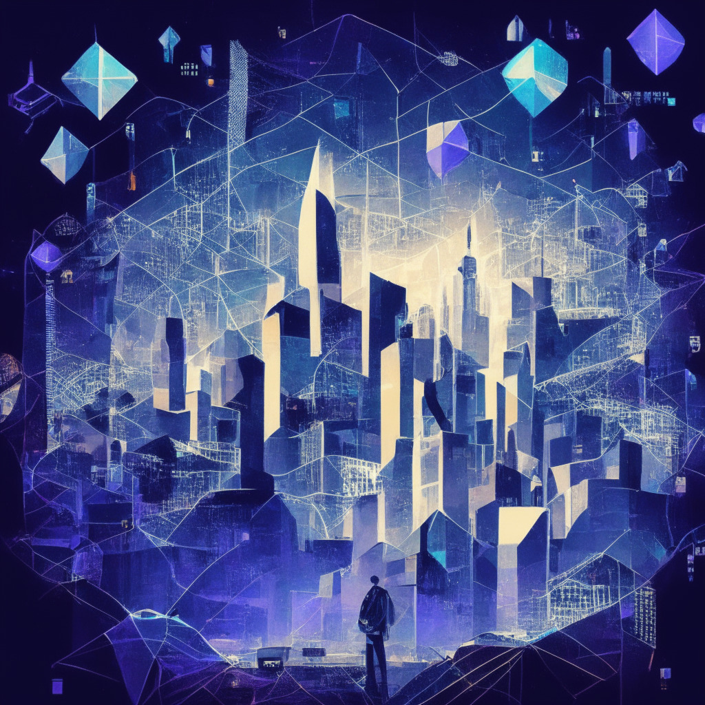 Ethereum's future: vibrant cityscape of diverse interconnected nodes, Layer 2 scaling solutions, soft illumination, intricate rollup structures, secure smart contract wallets, hints of stealthy privacy features, optimistic mood, harmonious collaboration among virtual silhouettes of developers, miners, users, and builders, sense of progress and evolution.