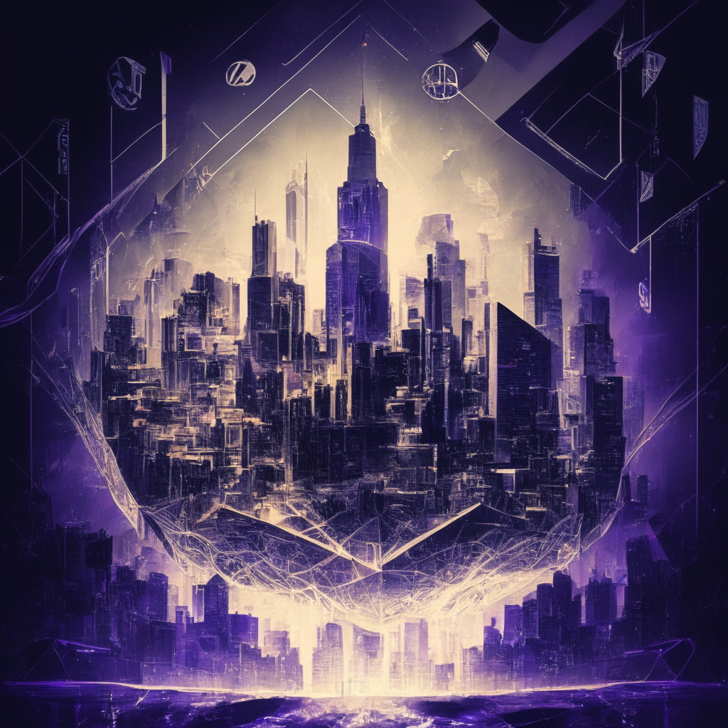 Ethereum's evolution, reshaping finance, vibrant city skyline, digital currency in motion, futuristic artistic style, dramatic chiaroscuro lighting, atmospheric contrasts, mood of innovation and debate, decentralized structures, founders contending with challenges, navigating legal & regulatory hurdles.