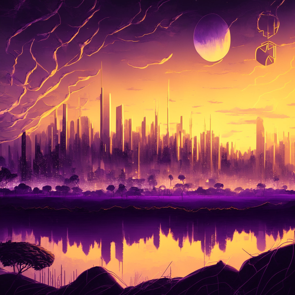 Ethereum landscape at dusk, towering futuristic city skyline, glowing golden and purple hues, subtle market fluctuations in background, a resilient currency tree rooted in foreground, slow-moving clouds with silver linings, air of stability and potential growth, hints of regulatory hurdles in the distance, an underlying tone of unwavering commitment.