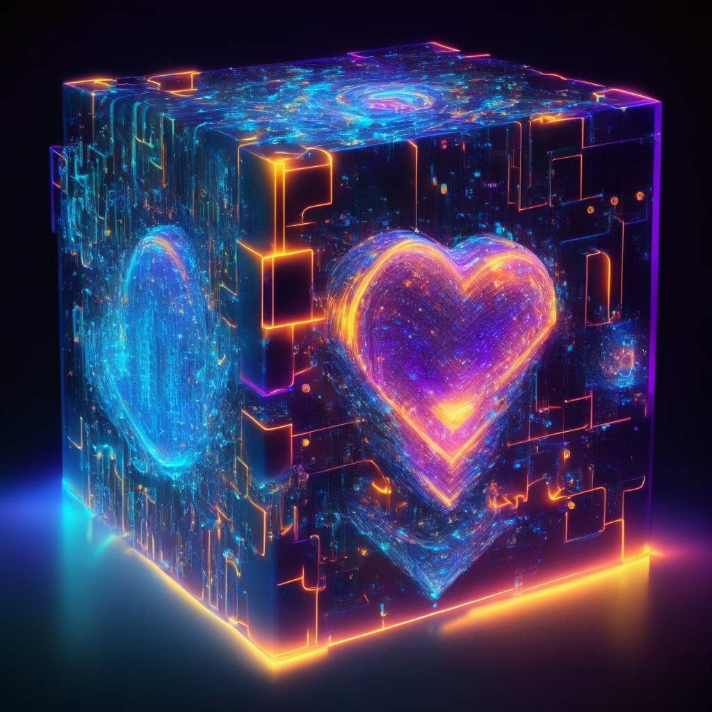 An advanced, futuristic digital realm, illuminated with soft neon lights reflecting on geometric glass surfaces. The heart of this realm, a large, luminous digital cube symbolizing the ERC-1404 Prime, glows with data trails flowing in and out. Swirling patterns of numbers and code are enveloping the cube, suggesting constant interaction and regulations. The style is a blend of surrealism and cyberpunk aesthetics, portraying complexity, sophistication, and intrigue. The overall mood is anticipative yet cautious, with a hint of uncertainty swirling in the glowing ether.