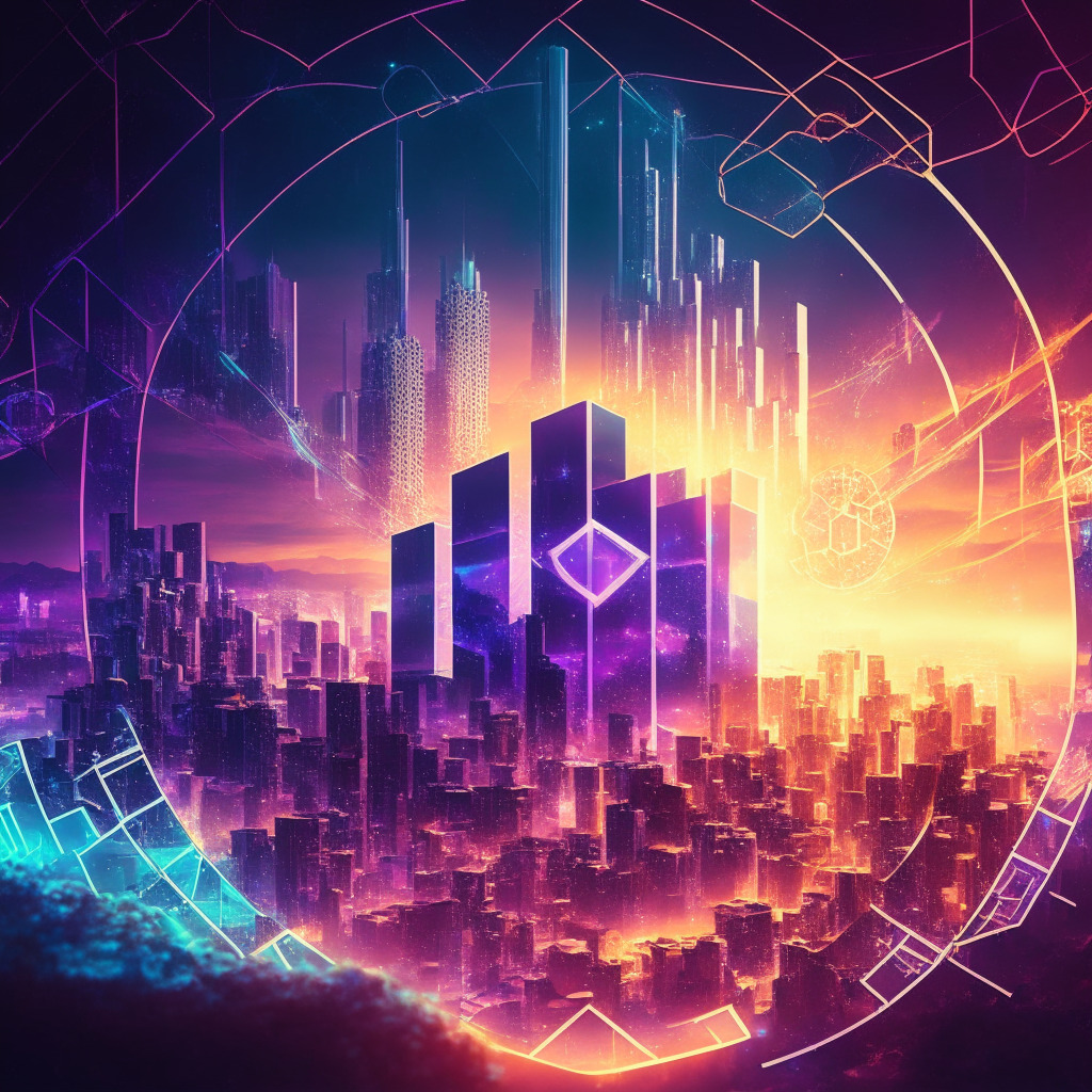 Futuristic cityscape with interconnecting blockchain structures, radiant Ethereum symbol alongside a vibrant OP token, digital landscape with glowing upgrade effects, ethereal twilight setting, artistically layered blocks, dynamic color palette to convey optimism, sense of cohesion and seamless connection between blockchain networks, mood: energetic innovation.