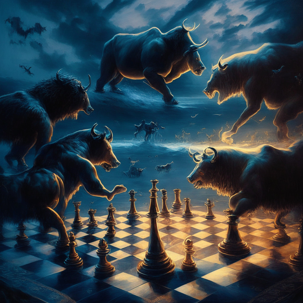 Ethereum's price wavers, intricate battle scene, bears and bulls on a chessboard, twilight glow, uncertainty in the air, chiaroscuro lighting, oil painting style, contrast of hope and fear, staking growth and volatility, pathway to $2,000 or pullback to $1,600.