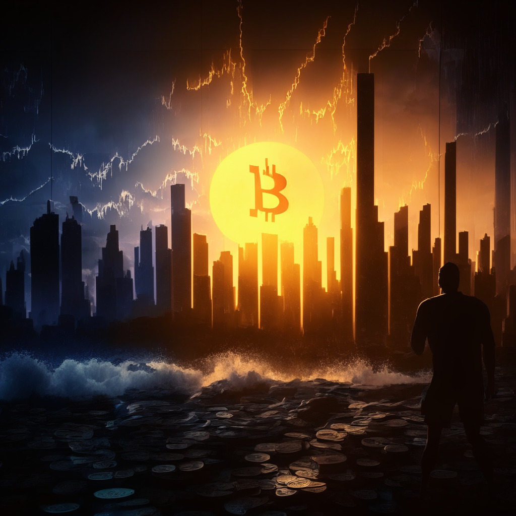 Cryptocurrency market turmoil, Ethereum recovery prospects, SEC lawsuit against Binance, altcoins affected, supportive price level for ETH, promising staking activity, market indicators, emerging altcoins with high growth potential, Wall Street Memes presale, shadowy dusk setting, dynamic chiaroscuro effect, hopeful yet cautious mood, classically-inspired composition.