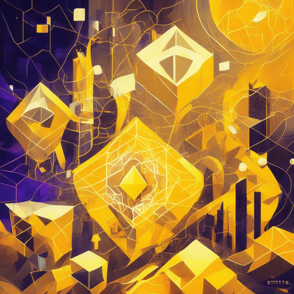 Ethereum Shanghai upgrade scene, proof-of-stake concept, golden nodes interconnecting, soft glow, warm color palette, abstract representation of blockchain, sense of security, mixed artistic styles of Cubism & Futurism, dynamic composition reflecting change, institutional adoption, gas fee reduction theme, versatile mood, optimism & uncertainty at play.
