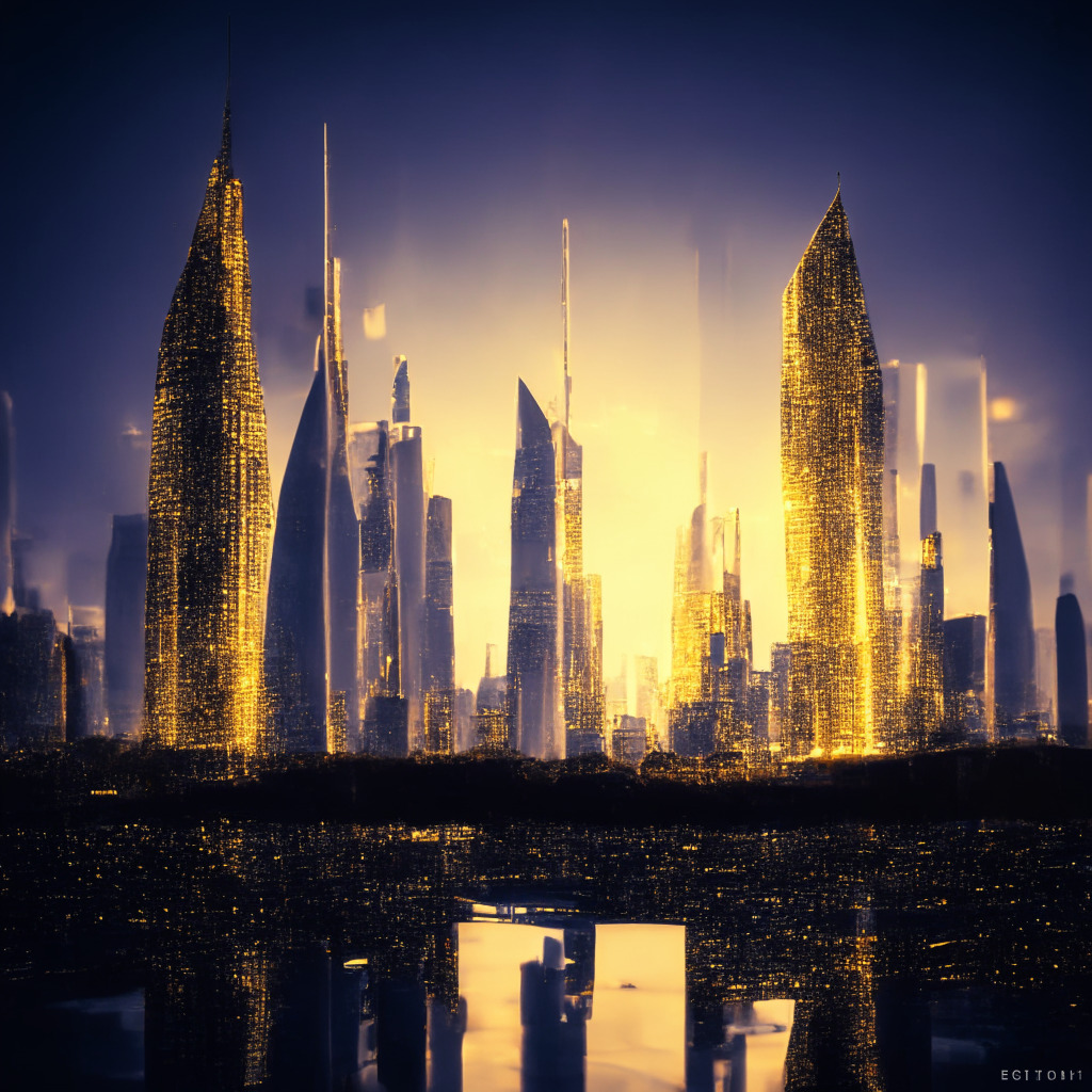Ethereum cityscape at dusk, staking towers rising, gleaming eco-friendly skyscrapers, golden light reflecting on $1,800 support level, harmonious blend of modern and futuristic architecture, accentuating the 53% growth, tension in the air from SEC turbulence, subtle hint of optimism for future rise, green energy & recycling symbol merging into the scene.
