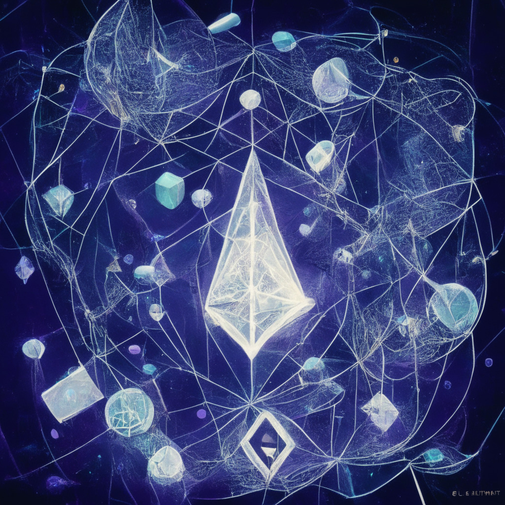 Ethereum's future in the balance, intricate blockchain network, Vitalik Buterin pondering solutions, layer-2 scaling, smart contract wallets, enhanced privacy, overcoming blockchain trilemma, rollups strategy, StarkWare collaboration, stealth addresses concept, mood of cautious optimism, soft ethereal lighting, interconnected pathways representing Ethereum's growth, abstract artistic style.