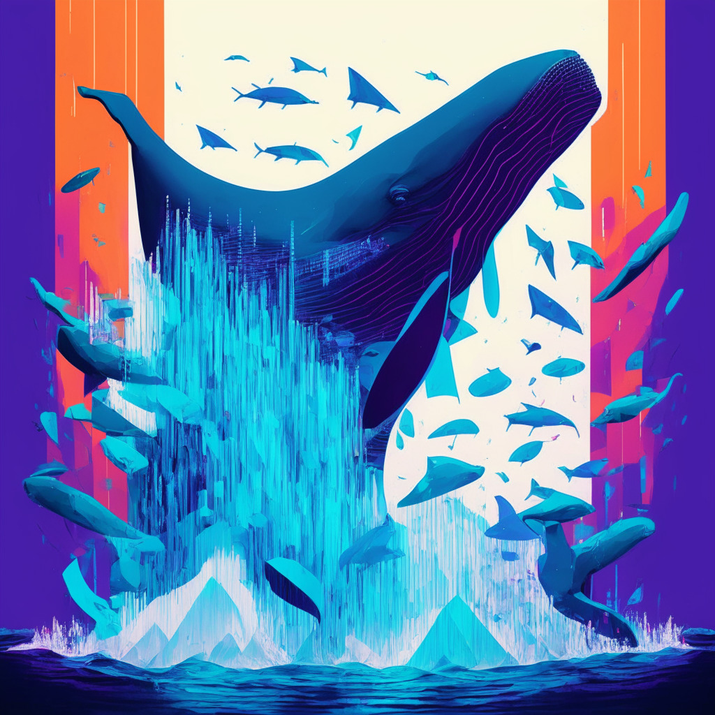 An abstract representation of Ethereum's triumph in a fluctuating market, colors mirroring the cryptocurrency's growth and dips, a large whale symbolizing major investors in the mix. The design should feel optimistic yet cautiously unpredictable, bathed in the soft, cold fluorescent light of the digital world, evoking a mood of anticipation.