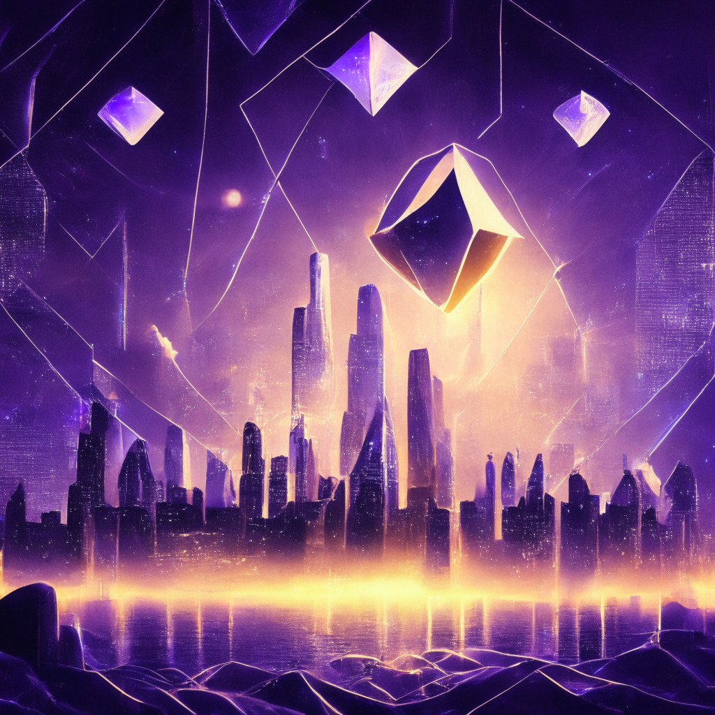 Ethereum's dominance in Dapp space, smart contract-focused blockchain, dusk setting, radiant Ether coins shining atop a digital city, futuristic abstract skyline, diverse decentralized applications, ethereal NFT art gallery, soft glow emanating from validators, dynamic mood reflecting continuous growth, sense of stability & power in the crypto world.