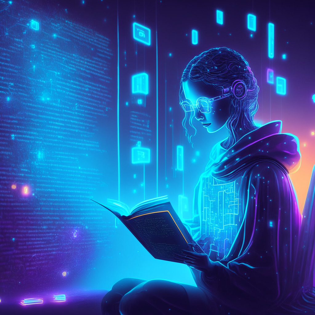 Futuristic code reading scene, AI decoding smart contracts, Ethereum blockchain background, soft glowing light, analytical mood, digital art style, emphasis on user decision-making, blend of AI benefits and potential risks, utilizing chatbot with caution, complex smart contract interaction.