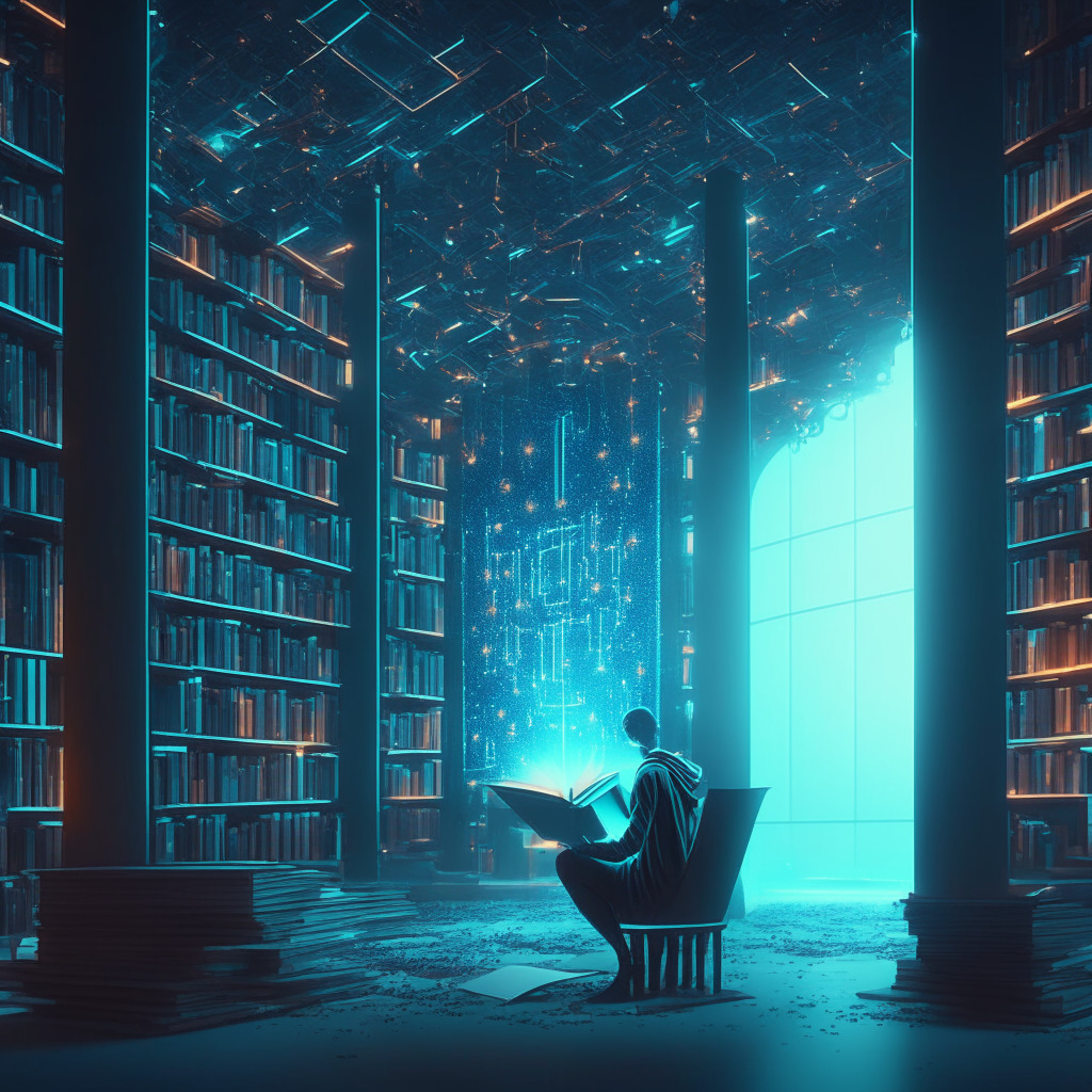 Futuristic digital library scene, analytical AI studying smart contract code, warm ambient lighting, detailed Ethereum blockchain visualization, intense curiosity vibe, no brands or logos, abstract representation of intuitive learning process.