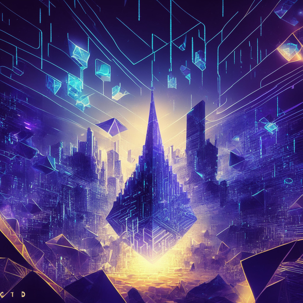 Ethereum network, Ethscriptions protocol, intricate digital art, glowing futuristic city, contrast of light and shadows, techno-inspired style, innovative blockchain technology, mood of curiosity and exploration, creative freedom, NFT-style images, subtle air of skepticism, potential game-changer, sense of anticipation.