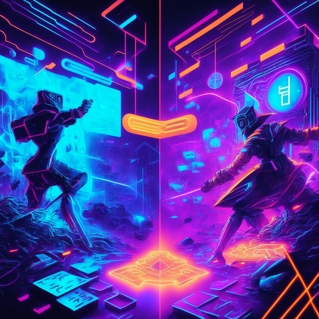 Futuristic digital battleground, Ethscriptions vs Bitcoin Ordinals, vibrant neon colors, intense mood, sleek design elements, NFT creation and minting at the core, glowing smart contracts, decentralized Ethereum network, diverse innovation, contrasting highlights & shadows, hint of artistic cyberspace aesthetic.