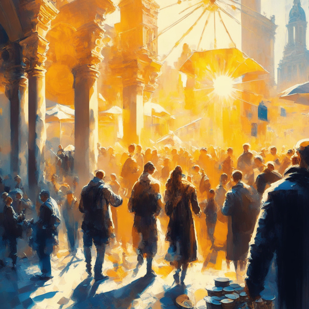 Intricate crypto exchange scene, European cityscape background, hues of excitement and caution, abstract representation of liquid-staking markets, soft warm sunlight, unique artistic brushstrokes, triumphant yet uncertain atmosphere, diverse crowd exploring investments.