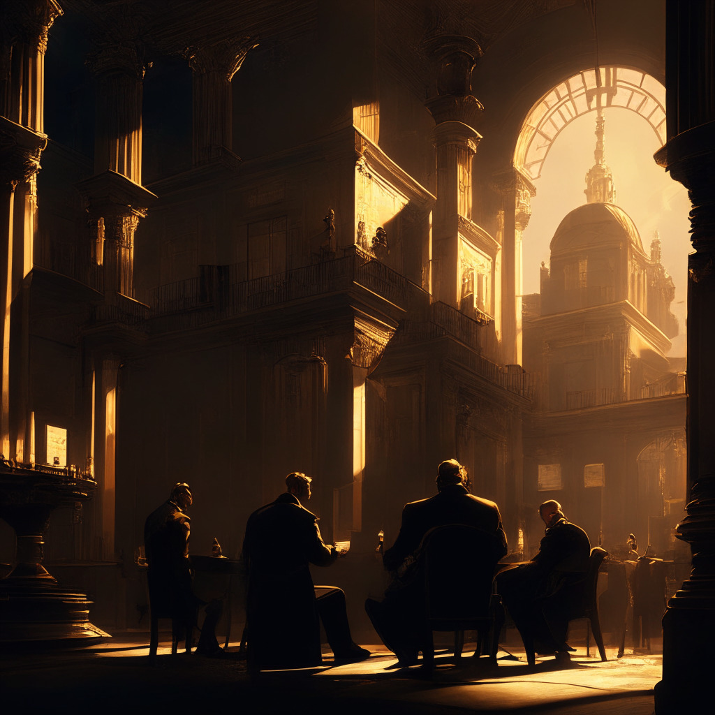 Intricate European cityscape, right-wing politicians discussing near a futuristic-looking crypto exchange, subtle Baroque architectural elements, chiaroscuro lighting effect, somber yet intense mood of discourse, golden hues with contrasting shadows, digital currencies creating a complex sociopolitical atmosphere.