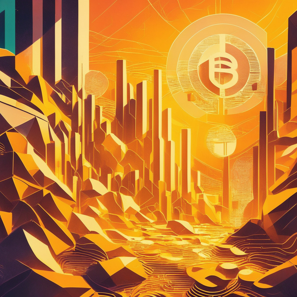 Cryptocurrency landscape, growth of European DeFi startups, Web3 and AI investment surge, warm golden light, contrasting shadows, abstract financial elements, optimism vs uncertainty, dynamic visual composition, Art Deco style, harmonious interplay of tech trends, futuristic vibe, vivid colors, alluring sense of progress.