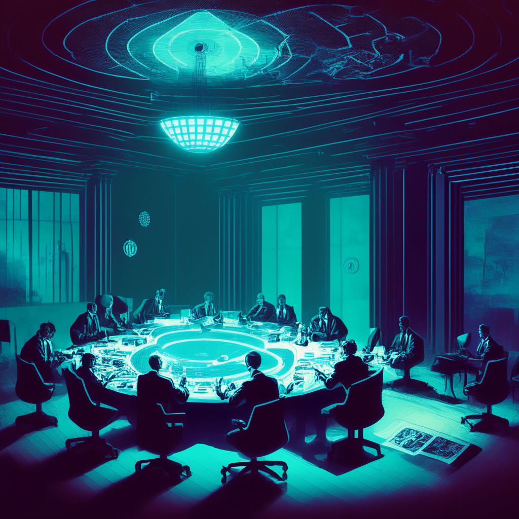 Evolution of Crypto Regulation scene, dark room with spotlit table, House Republicans discussing a draft bill, copies of the Digital Market Structure Bill on the table, blockchain elements as wallpaper, legal documents floating around, contrasting colors representing traditional finance and cryptocurrencies, mood of cautious optimism and transformation.