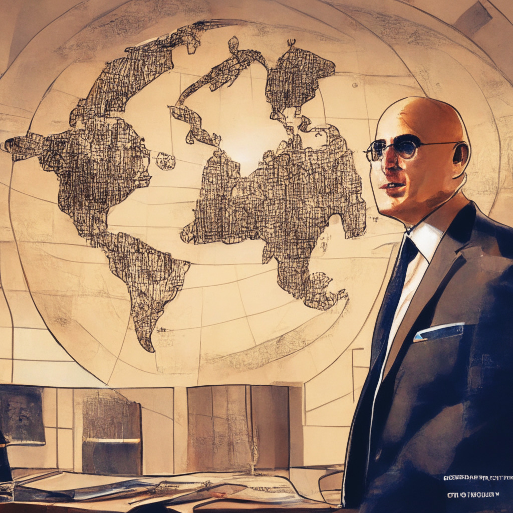 Ex-CFTC chairman joins stablecoin issuer, navigating global expansion amidst regulatory scrutiny, a critical juncture in blockchain technology, sunlight filtering over an intricately-drawn map of the world, a room filled with determination and strategic thinking, a fusion of legal and technological expertise, mood of cautious optimism and resilience.