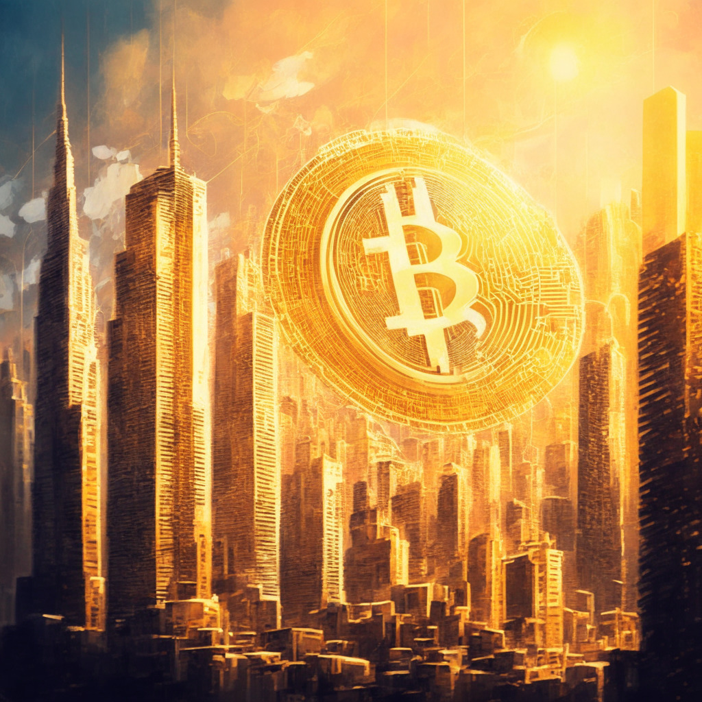 Intricate city skyline with cryptocurrency symbols, warm golden light reflecting off buildings, a large BCH symbol towering above, artistic brush strokes, lively atmosphere, air of optimism, subtle hints of financial institutions, swirling Fibonacci spiral in the background, dynamic movement in the price action, mix of bright skyline and moody contrasts.