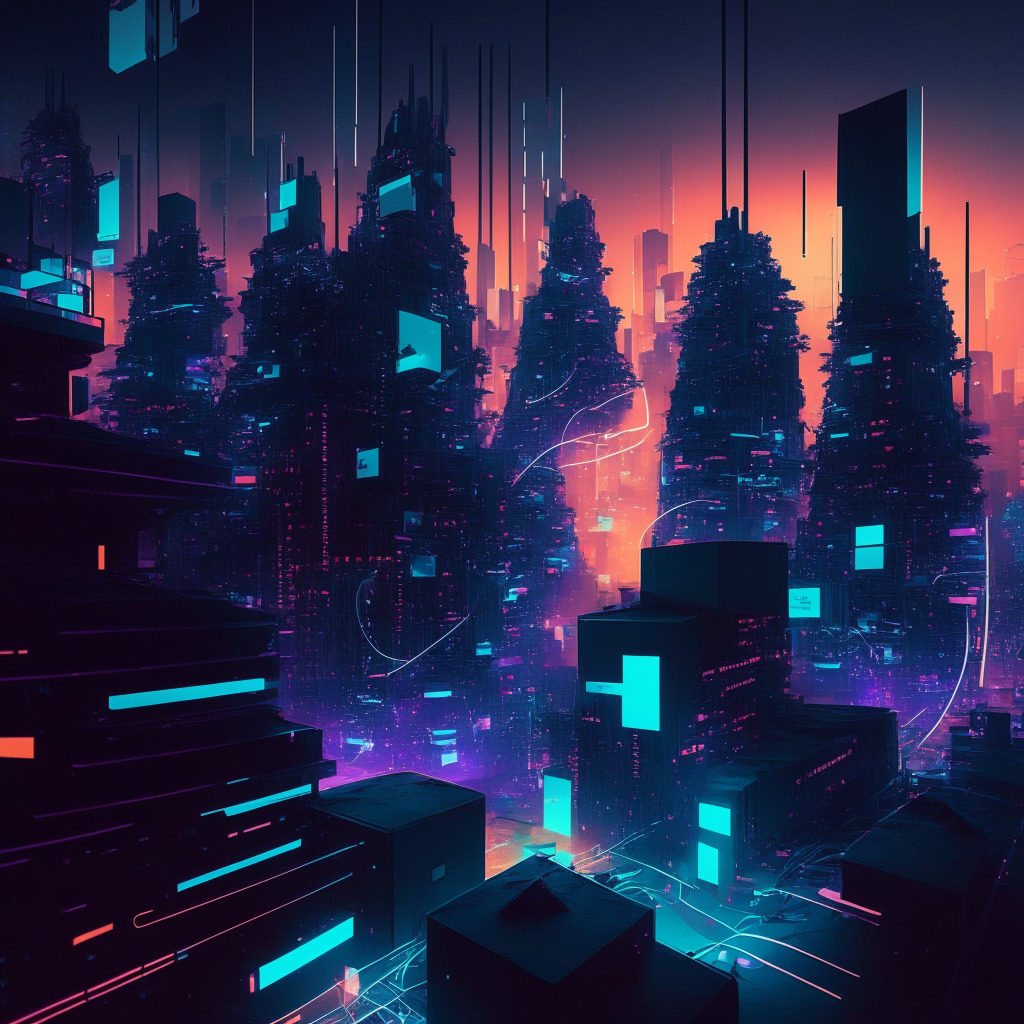 Futuristic cityscape merging with blockchain network, dusk lighting, contrast of vibrancy and shadows, encrypted data streams pulsating, optimistic yet mysterious mood, intertwining connections symbolizing security and collaboration, decentralized scene, embracing both potential and challenges.