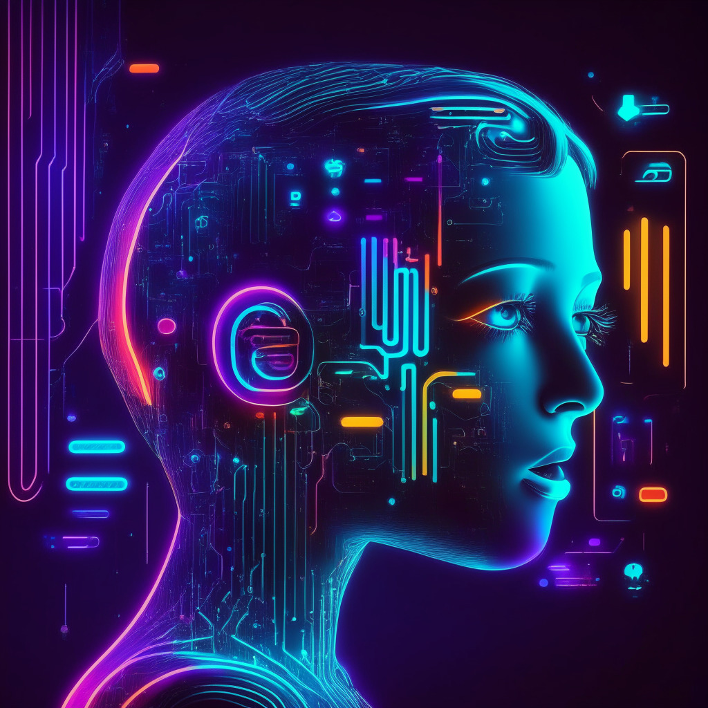 Futuristic AI chatbot interface, diverse application icons, glowing neon colors, balanced composition, contrasting light and dark shades, thoughtful mood, focus on user-AI interaction, subtle expression of skepticism and optimism, hint of human touch in decision-making, intricate data streams.