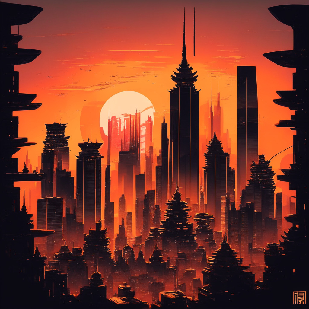 Intricate Chinese cityscape at dusk, Conflux, Neo & Filecoin coins subtly integrated, warm colors of a setting sun, dazzling skyscrapers dominating the skyline, artistic brush strokes, futuristic vibe, confident mood, unity of traditional & modern elements, abstract crypto symbols.
