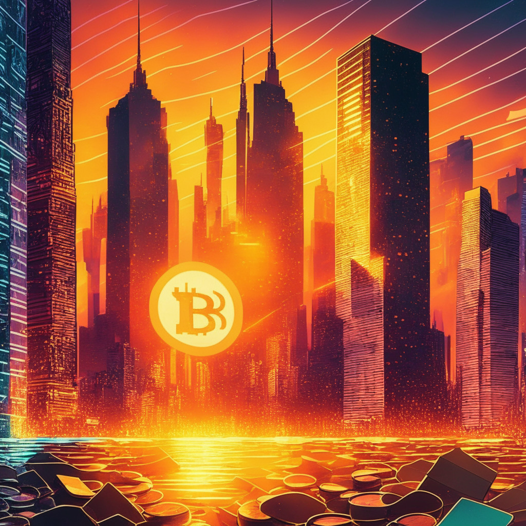 Sunset in financial district, artistic cryptocurrency landscape, shimmering blockchain backdrop, DeFi & NFT coins soaring, contrasting hues of opportunity & danger, dynamic market with glowing altcoins, cautionary undertones. No logos/brands.