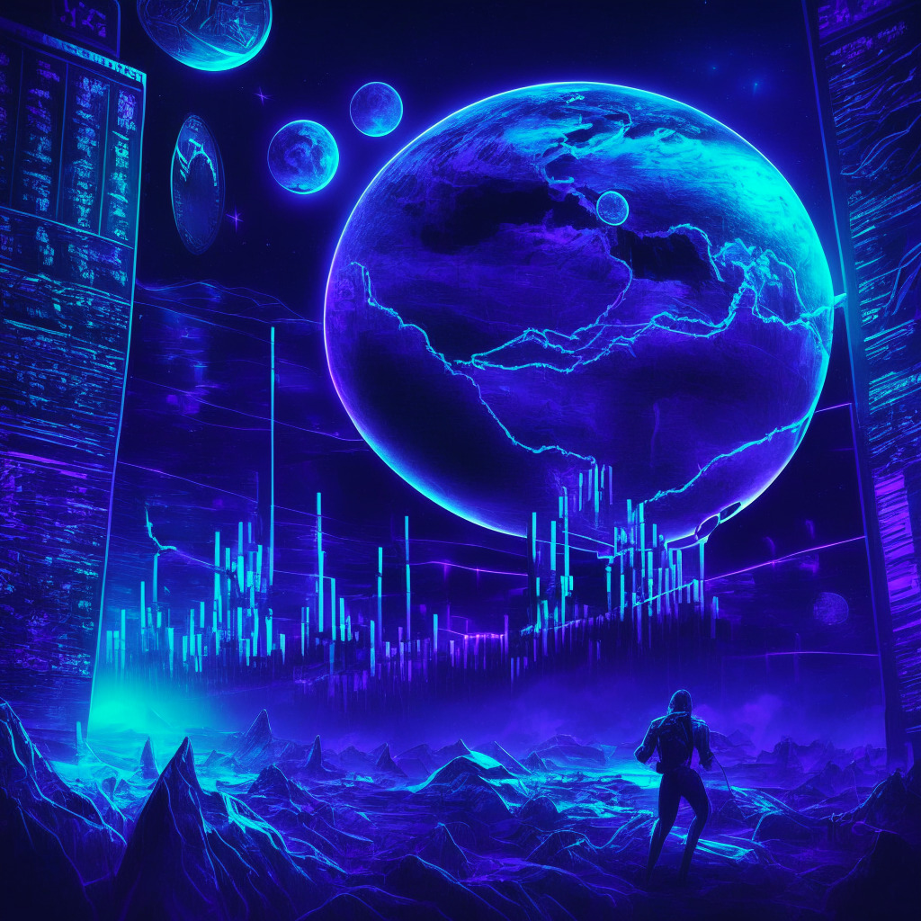 Cryptocurrency rally scene, moonlit stock market, shades of blue and purple, intertwined financial charts, Terra Luna Classic coin rising, intense trading activity, glowing v2.1.0 upgrade proposal, dynamic short liquidations, optimistic long positions, triumphant cosmic vibe.