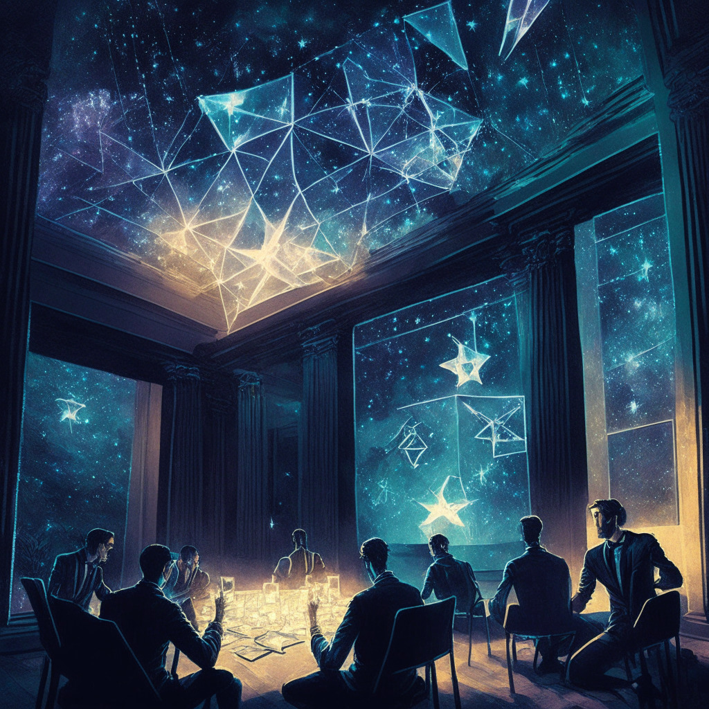 Ethereereal night sky with stars, MakerDAO members in conference, pondering over a holographic U.S. Treasury bond, blending traditional finance and crypto elements, room illuminated by a warm glow, air of cautious optimism, intricate fusion of modern and classical art styles, interplay of light and shadow hinting at potential risks and rewards.