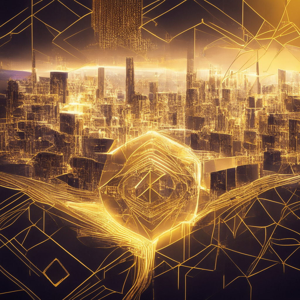 Ethereum-secured Layer 2 network scene, zkEVM Validium, intricate circuit designs, warm golden glow, balance of light and shadows symbolizing security and scalability, Polygon 2.0 vision inspiring futuristic cityscape, mood of innovation and anticipation, seamless migration of assets visualized by interconnected paths.