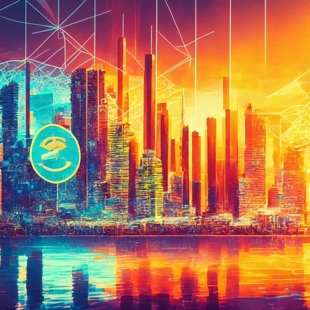 Futuristic financial landscape, tokenized digital assets, interconnected networks, Singapore skyline, warm sunset glow, impressionistic style, vibrant colors, innovative vibe, major banks blending with blockchain, dynamic mood, central bank digital currencies, emphasis on efficiency and balance, hints of decentralized roots, evolving financial systems, pilot study progress.