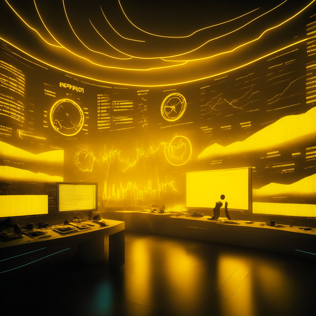 Futuristic trading room visualizing XRP's potential path to $50 valuation, illuminated charts and graphs symbolizing market resistance and legal battles, dominant colors of yellow, white, and Valhalla region shades, dramatic light interplay from digital screens, overall mood - tense yet hopeful, Elliott Wave Theory represented artistically.