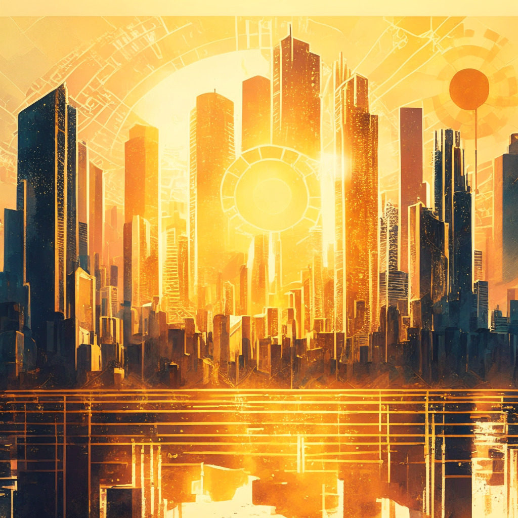 Intricate blockchain cityscape, diverse real-world assets as tokens, glowing stablecoins & CBDCs, abstract securities & real estate, sunrise with golden hues, innovative & optimistic mood, contrast in light & shadows representing challenges & opportunity, subtle vintage painting style.