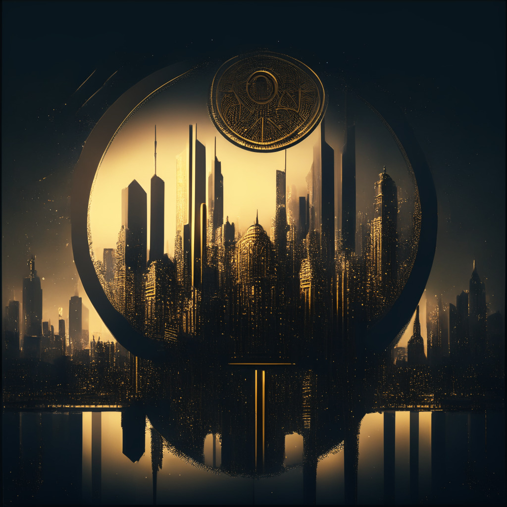 Intricate city skyline integrating traditional and futuristic elements, dark hues with gold accents, a digital pound coin floating above the city, soft twilight glow, central bank building prominent, blend of baroque and sci-fi art styles, sense of anticipation and innovation, celebrating public-private collaboration, subtle privacy shield motif.