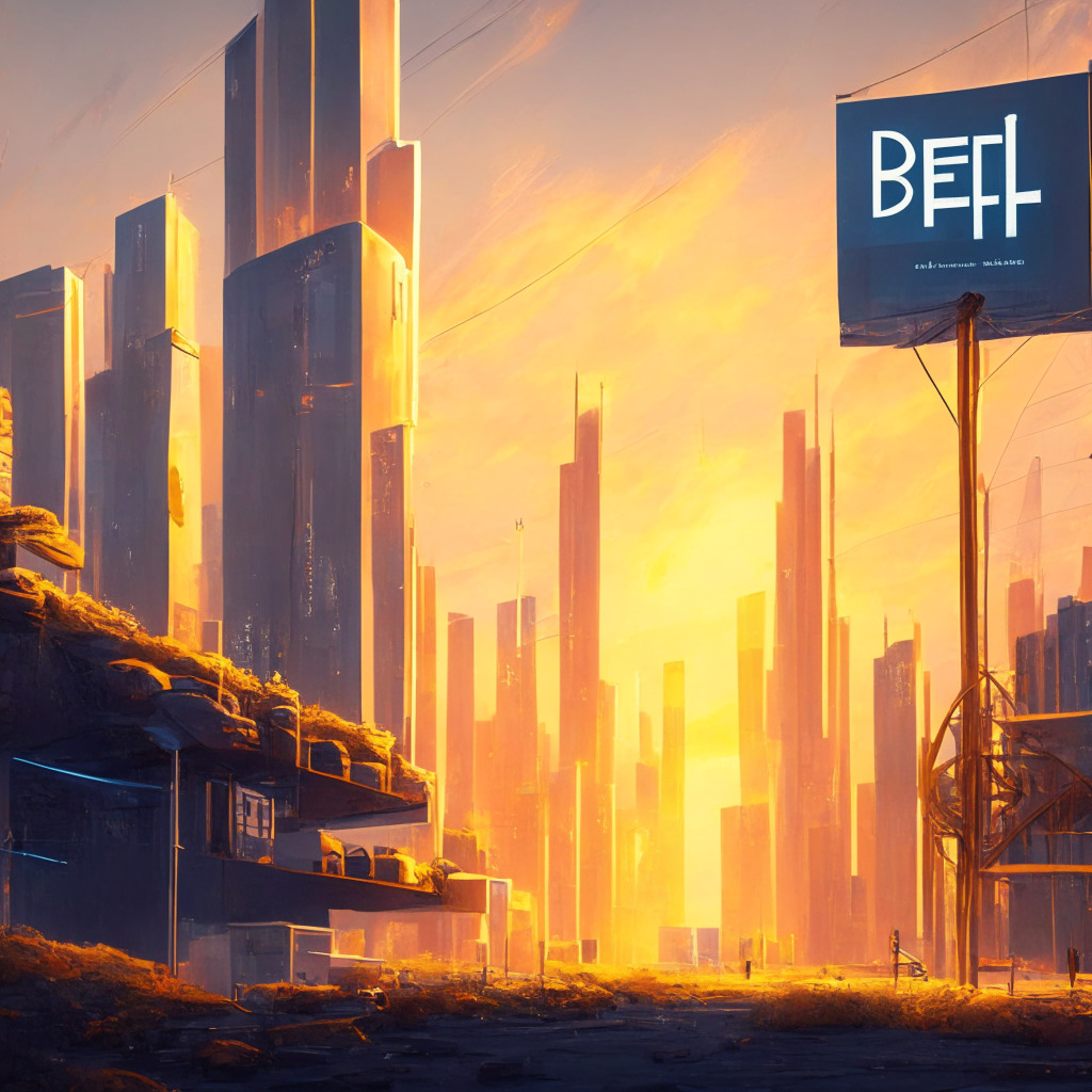 Futuristic DeFi landscape on Bitcoin, smart contract-enabled city, warm golden light, impressionist style, sense of potential & challenge. Scene with NFT gallery, Rootstock & Stacks billboards, diverse developer community, and secure, liquified Bitcoin foundation as a symbol of growth & innovation.