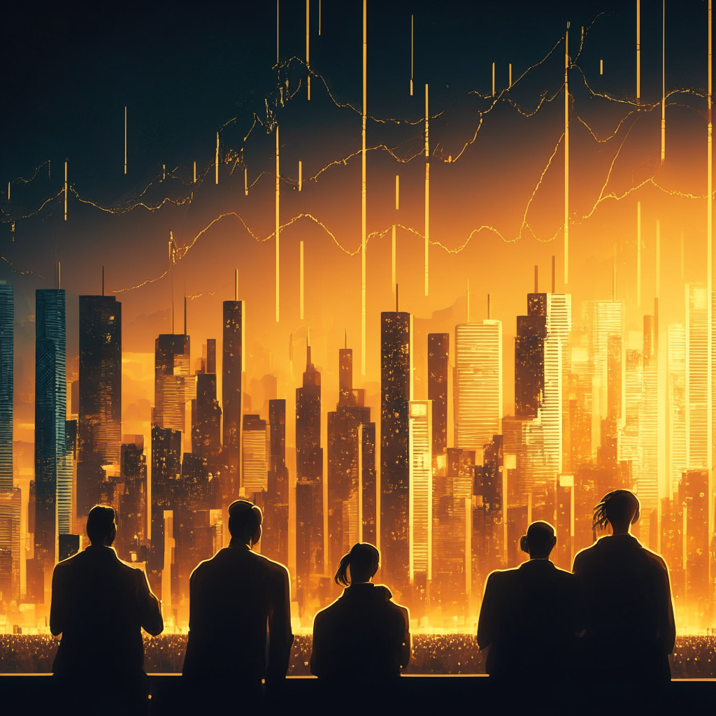 Intricate city skyline at dusk, glowing crypto exchange in foreground, OX tokens with diminishing size, rising line chart, diverse group of investors discussing skeptically, subtle golden highlights, chiaroscuro light, dynamic brush strokes, mood of cautious optimism, future-focused energy.