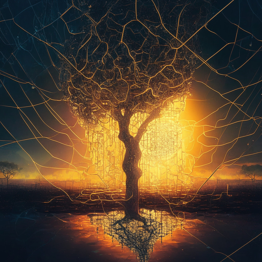Intricate blockchain network, self-custody wallets, tense atmosphere, sunset casting warm light, exchange activity, growing uncertainty, artistic chiaroscuro effect, dynamic perspective, contrast between liquidity and stagnation, moody tones, shrinking market capitalization, balance of risks & rewards.