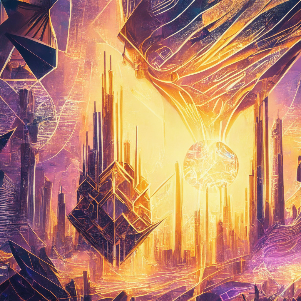 Ethereum Shapella upgrade-inspired scene, liquid staking, DeFi market growth, intricate blockchain patterns, vibrant sunrise colors, bold contrast, dynamic composition, ethereal mood, delicate brush strokes, shimmering light setting, swirling interconnected lines, abstract cryptocurrency symbols, futuristic cityscape.