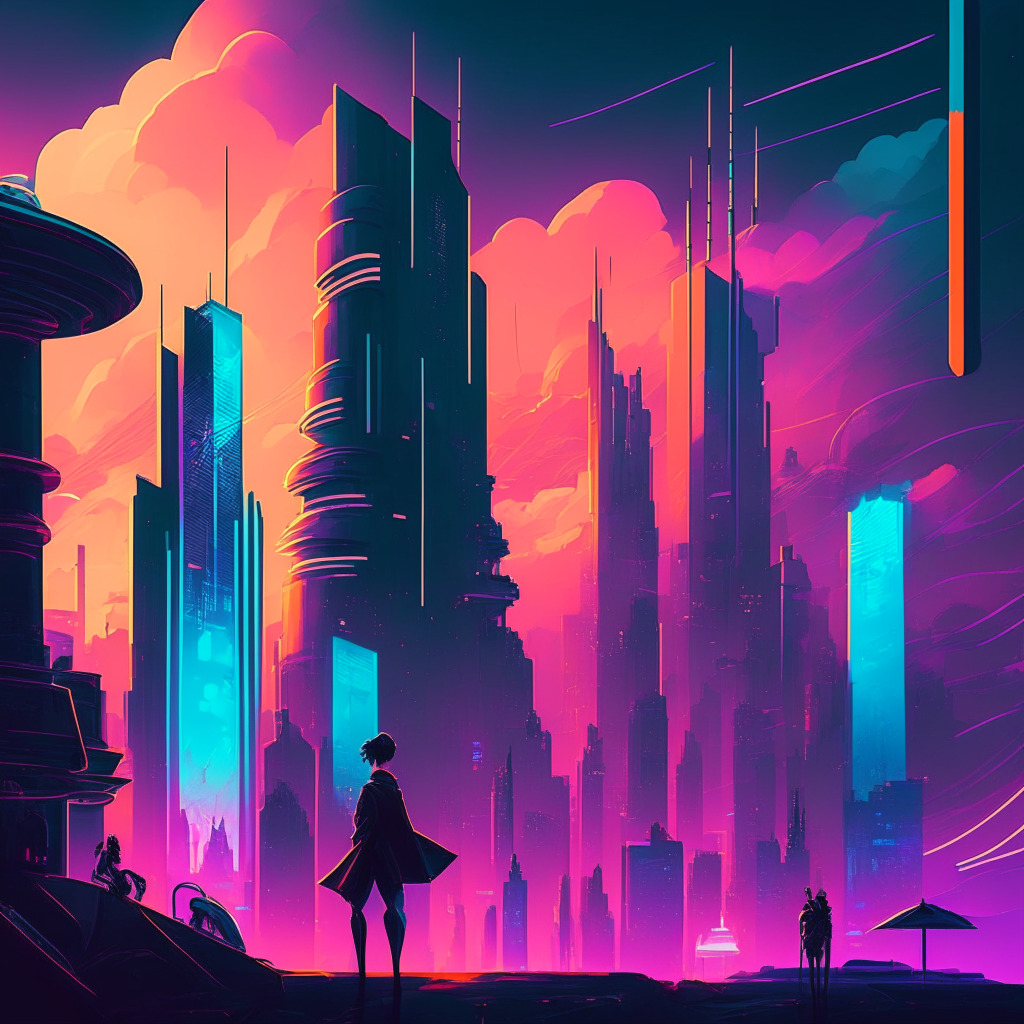 Futuristic cityscape, NFT-style art, bold colors, neon lights, gleaming skyscrapers, various NFT characters mingling, financial graphs, gentle sunset, monochromatic color scheme, moody atmosphere, contrast between innovation and uncertainty, light filtering through clouds, collaterals symbolized by tokens or coins.