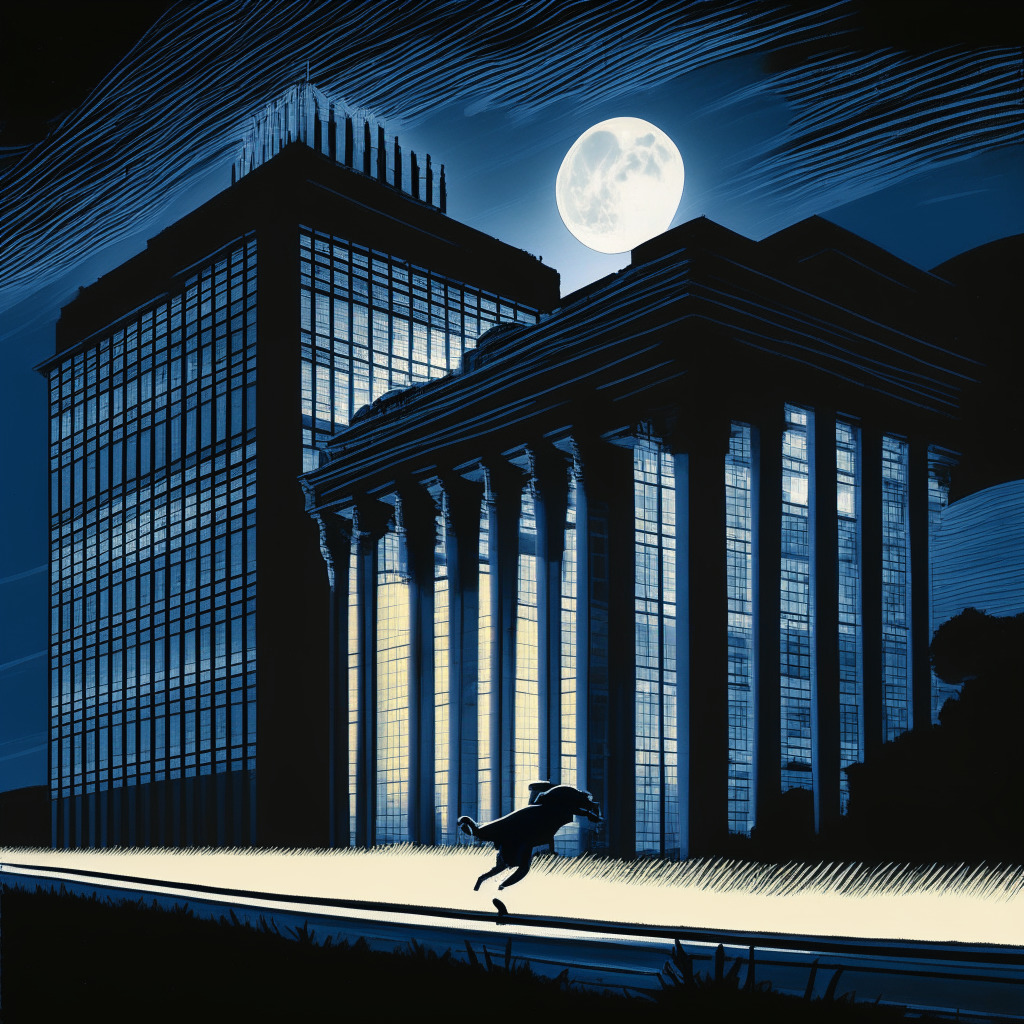 An abstract Montague-inspired landscape, luminous moonlight peeking through a twilight sky, casting a silhouette on the Reserve Bank of New Zealand building. Mid-ground, a crypto-beast sprinting aimlessly, bathed in shimmering twilight. A pensive RBNZ official observing from a distance, the mood is contemplative, the hues are dim modulated blues conveying uncertainty with a hint of anticipation.