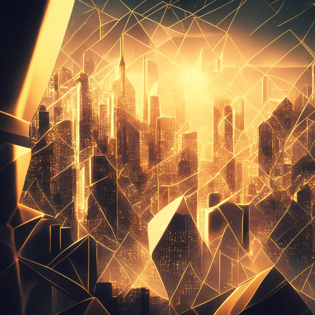 Intricate cityscape reflecting blockchain networks, captivating real estate, diverse collectibles, golden light illuminating innovation, gentle chiaroscuro effect, modernist style, mood of anticipation and excitement, subtle glow highlighting Ethereum and Polygon tokens, finance transformation vibes.