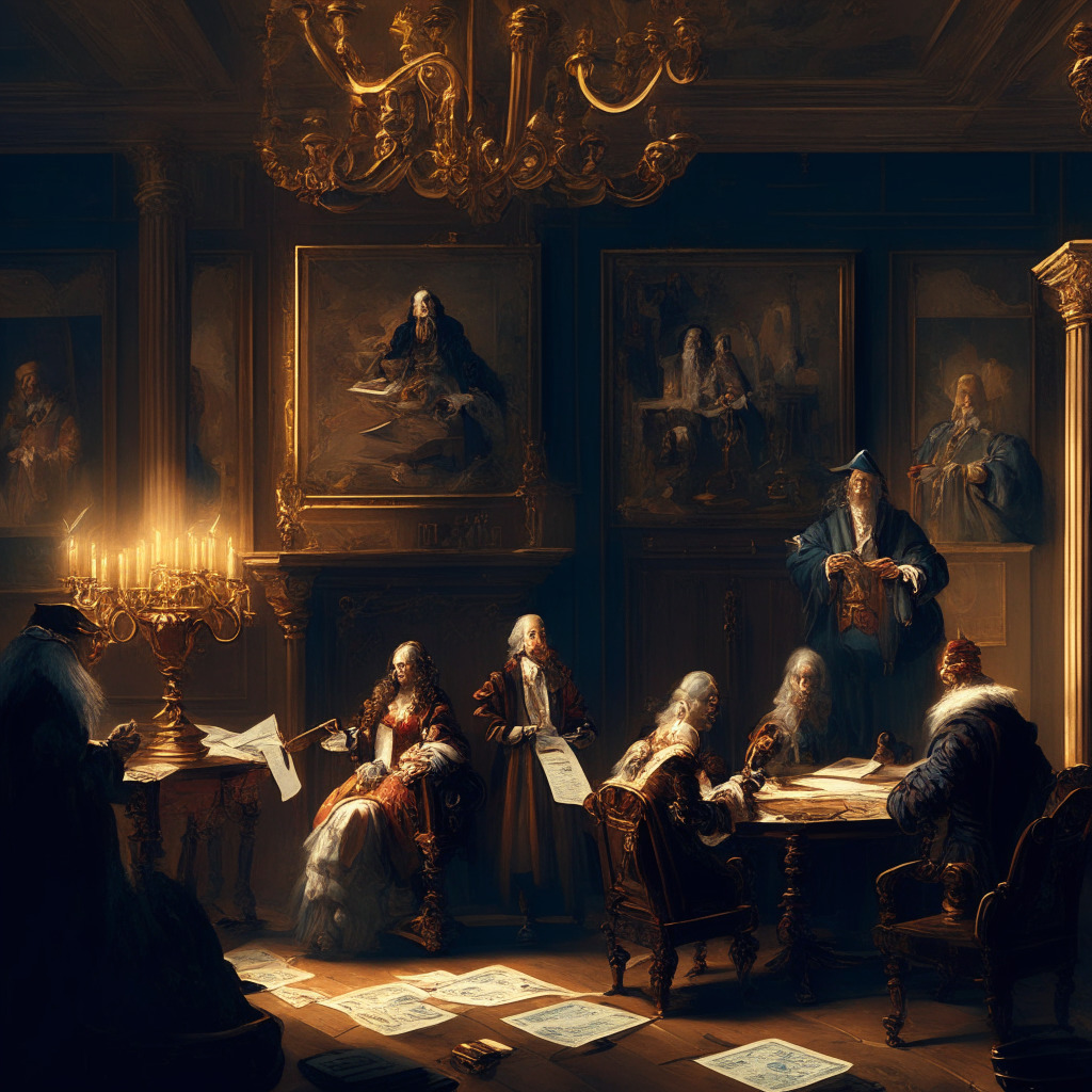 A financial boardroom scene, Baroque-style painting, warm dim lighting, characters representing crypto assets (stablecoins, wrapped tokens, NFTs) in conversation, seeking clarity, serious yet hopeful mood, intricate textures on clothing and room decor, emphasis on crypto asset reporting document, potential reflections of digital market values.
