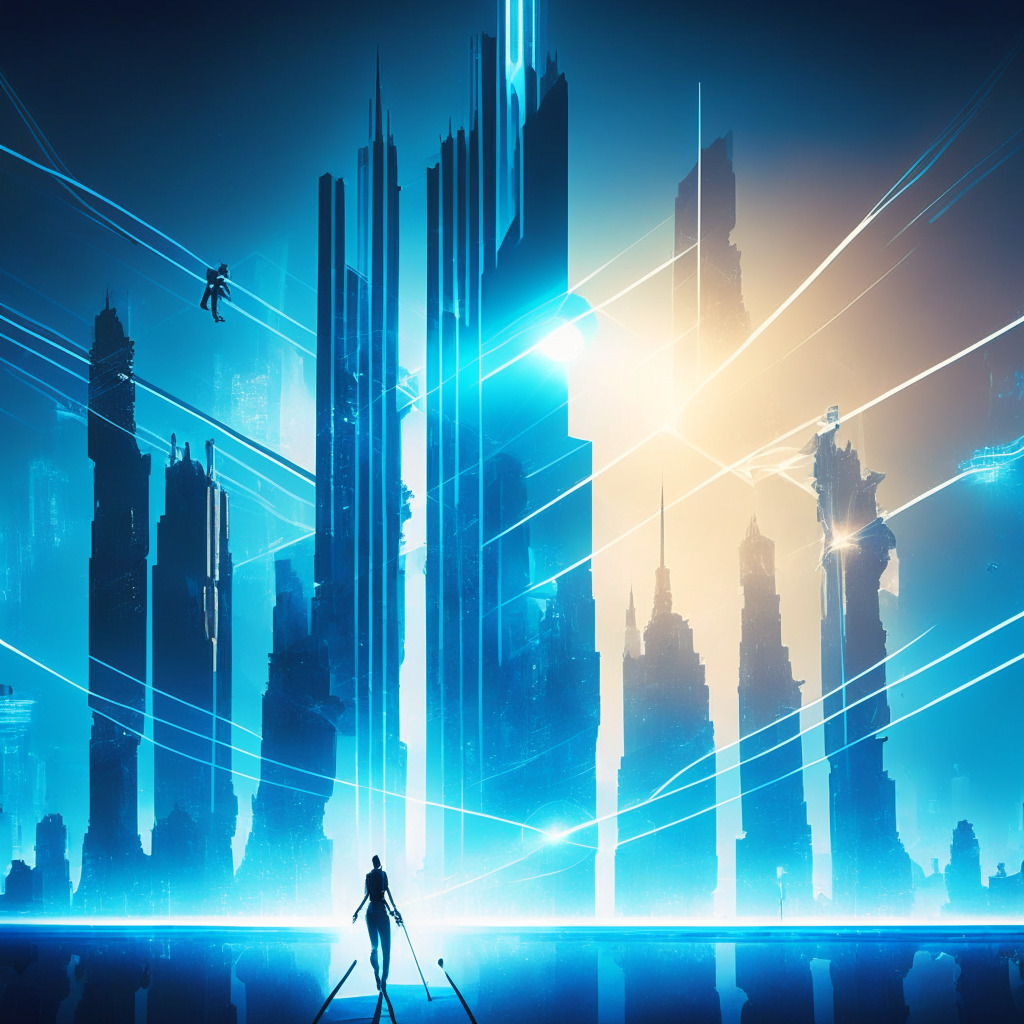 Futuristic city balancing security & innovation, cryptocurrency in motion, light beams representing regulation, contrasting shadows symbolizing loopholes, a tightrope walker embodying FATF's delicate approach, subtle hints of UN blue, warm & cool tones reflecting the balancing act, global presence in the skyline, crypto industry growth vs. risk mood.